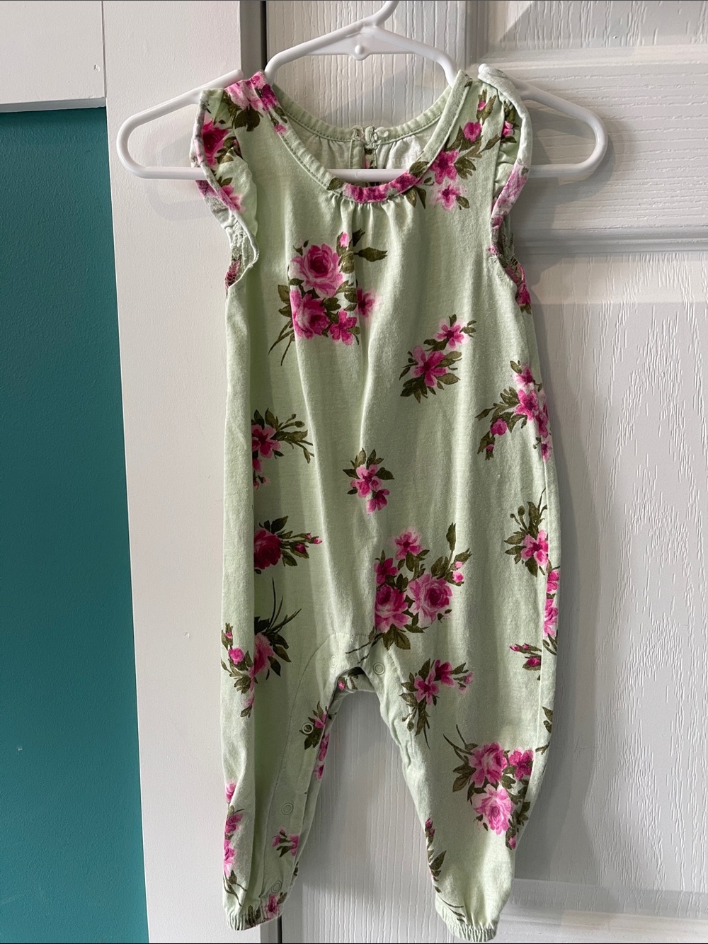 Green Floral Girls' Romper with Pink Rose Print